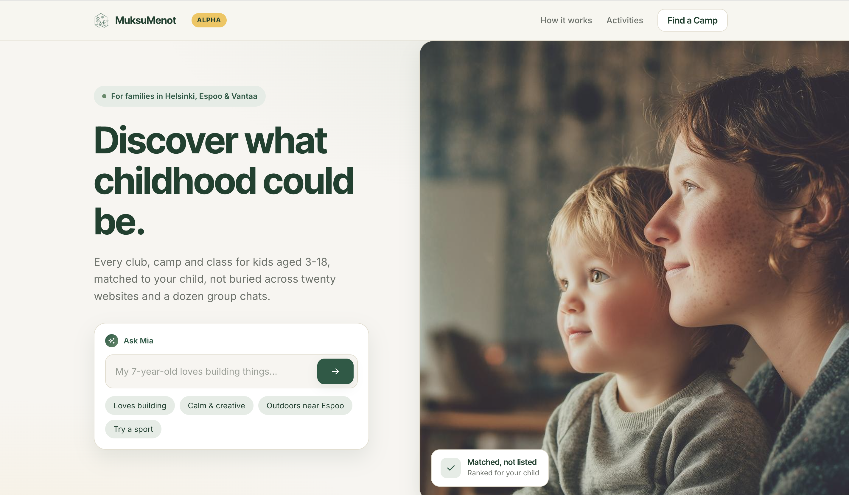 MuksuMenot homepage: Discover what childhood could be, with the Ask Mia input