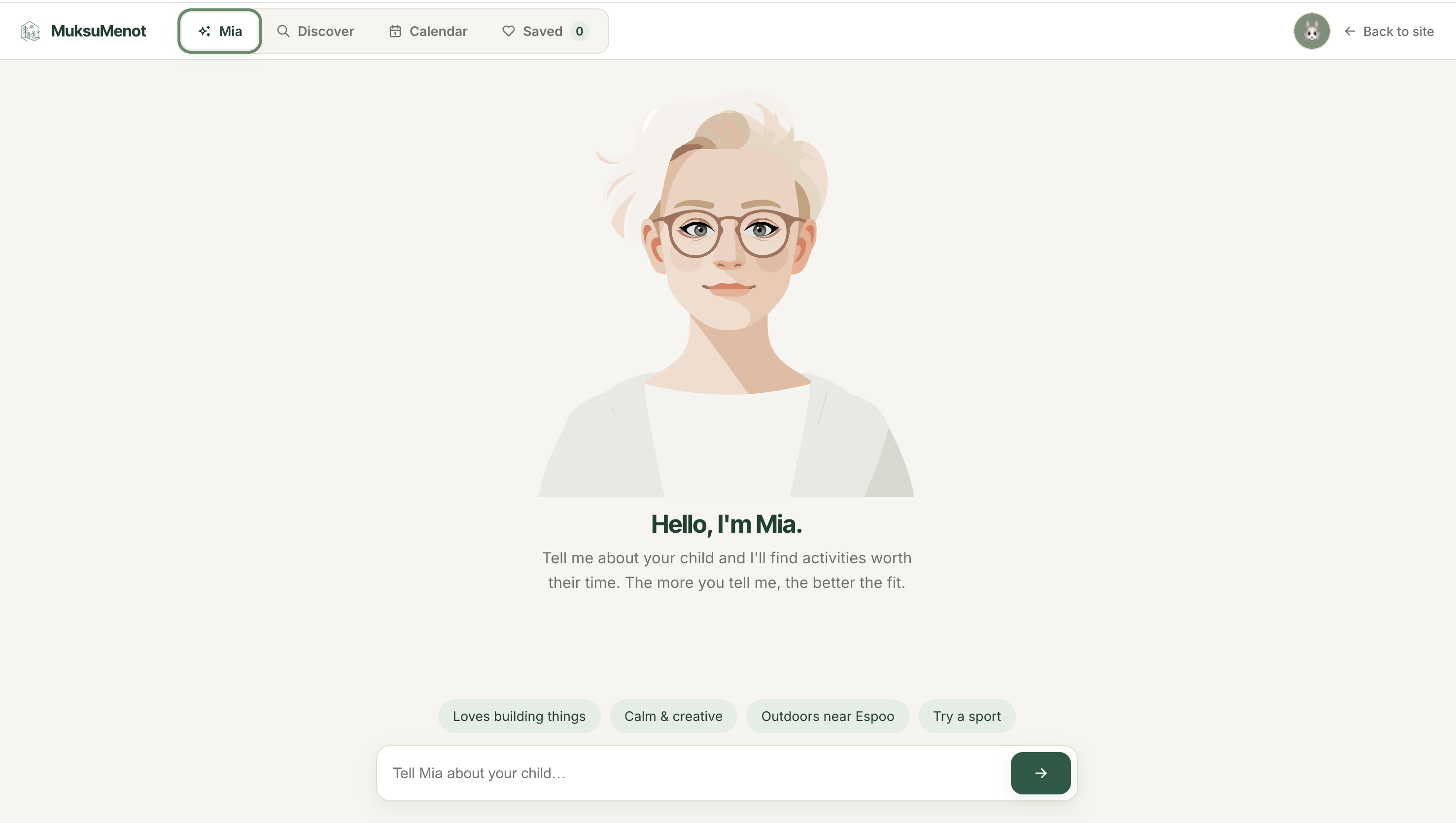 How it works: tell Mia, filter by interest and age, explore the map