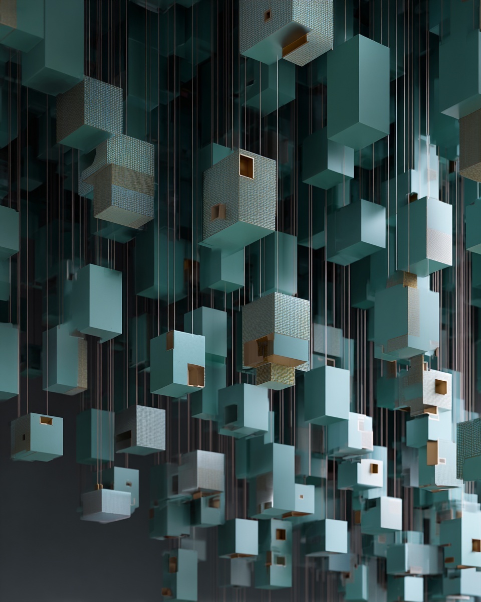 Dark faceted monolith with a teal seam, identity as solid form