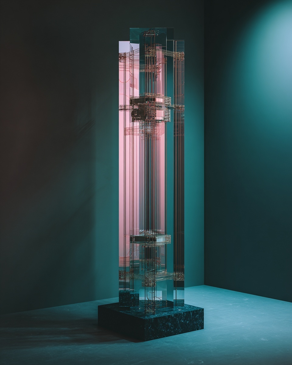 Glass column threaded with copper structure, engineered precision
