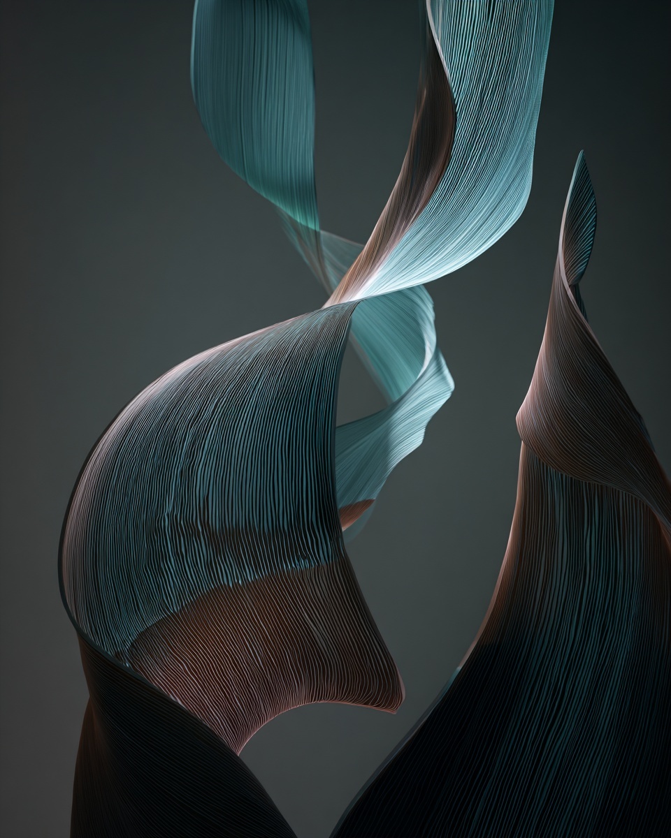 Woven ribbons of teal and rose line, time made visible