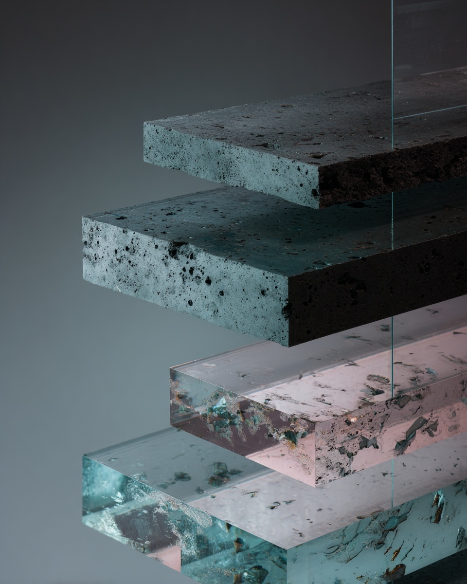 Stacked translucent and solid slabs, interface as material layers